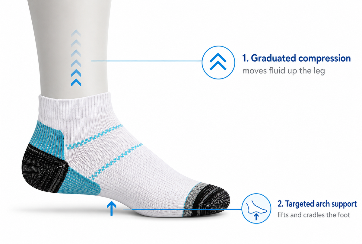 Clean podiatry diagram showing graduated compression guiding fluid up the lower leg